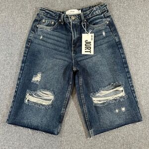 Refuge Low Rise Jort Denim Shorts Womens 0 Blue Distressed Cotton Longline NWT